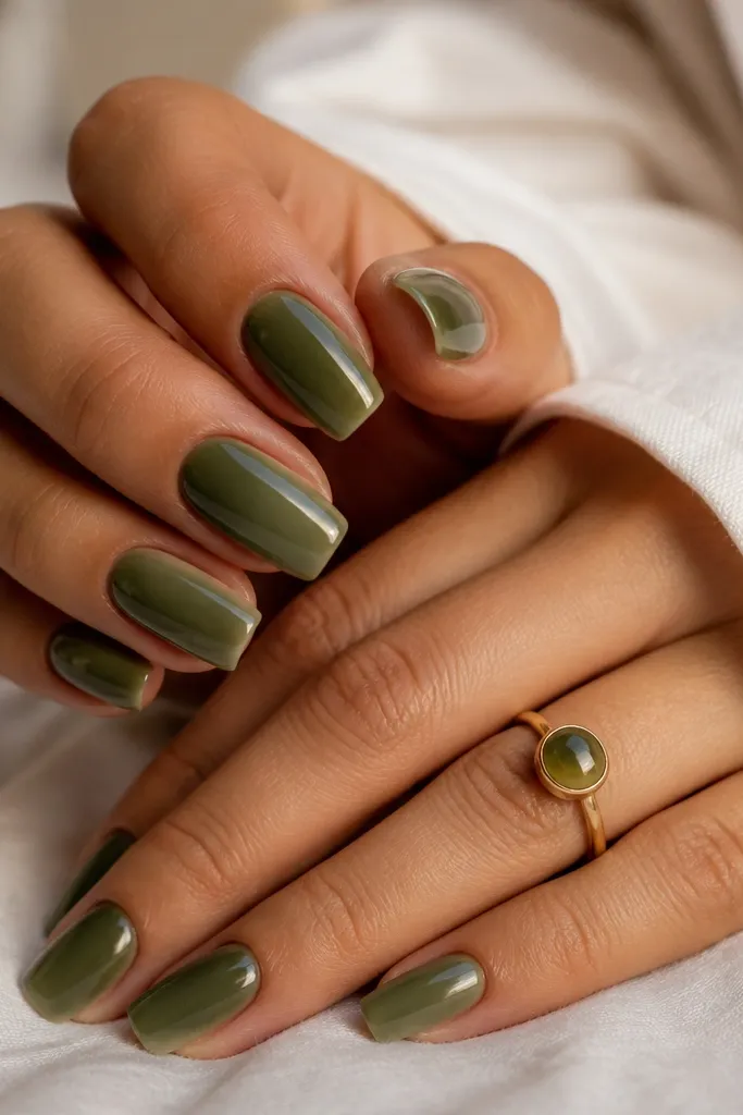Short coffin nails in a glossy olive green, with a slightly lighter smudged tint near the sides and a glassy shine.