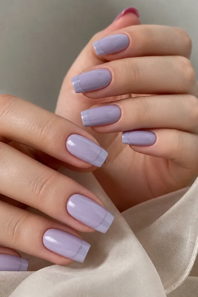 Short coffin nails with a glossy pale lavender base and frosted, semi-matte tips at the free edge.