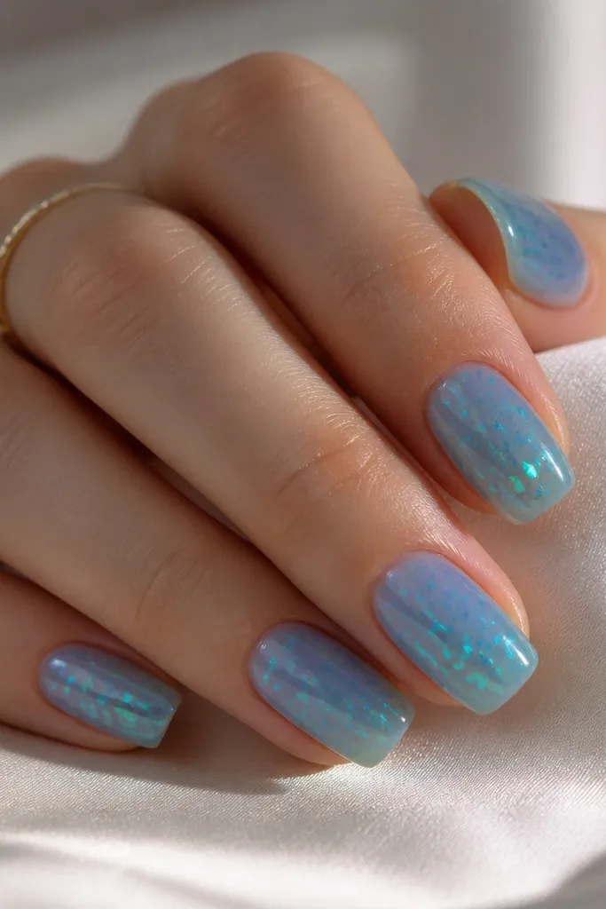 Short coffin nails in translucent sea-glass blue with tiny teal reflective flakes suspended under a clear glossy top.