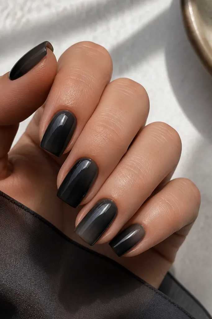 Short coffin nails with a deep black base and a sheer smoky gray overlay that fades toward the edges; glossy finish.