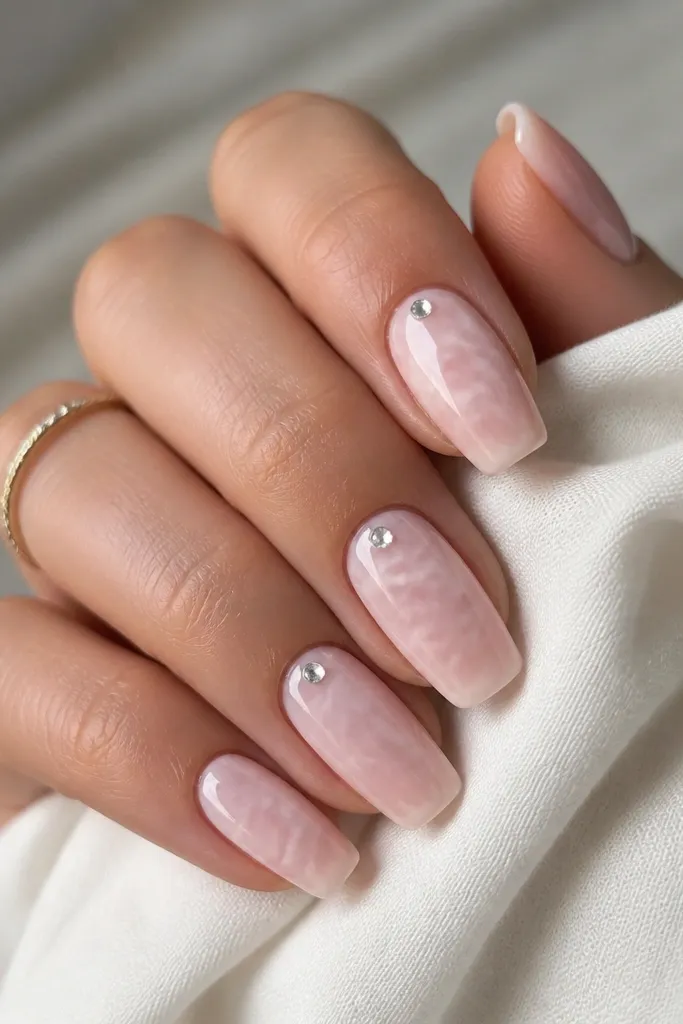 Short coffin nails in a pale pink with subtle cloudy marbling, plus tiny clear rhinestones placed near the cuticle on two or three nails; glossy finish.