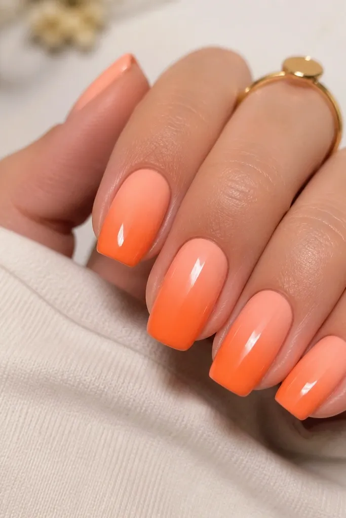 Short coffin nails with a glossy sunset gradient: peach near the cuticle fading into bright orange at the tip.