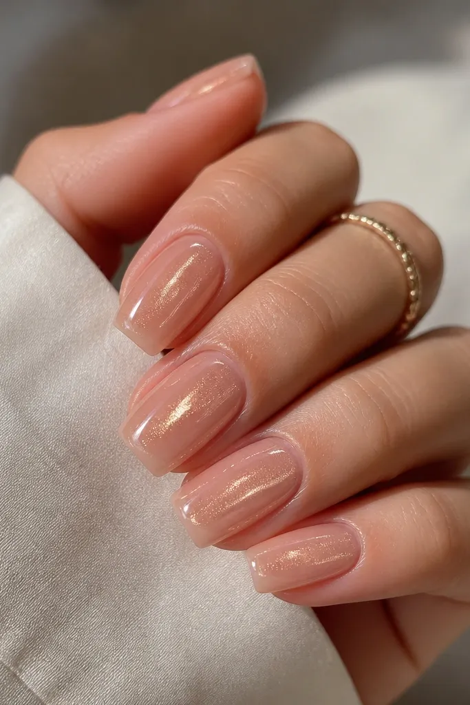 Short coffin nails with a sheer nude base and a clear jelly center panel, topped with a glossy glaze effect; subtle warm shimmer.