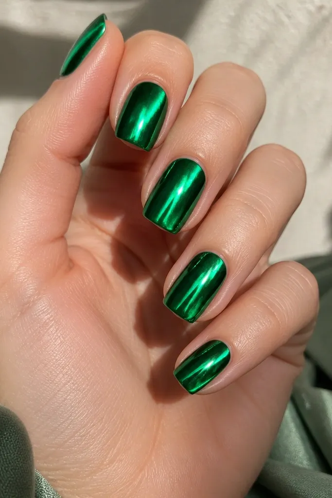 Short coffin nails in reflective emerald green mirror chrome with a single angled highlight stripe on each nail; high shine.