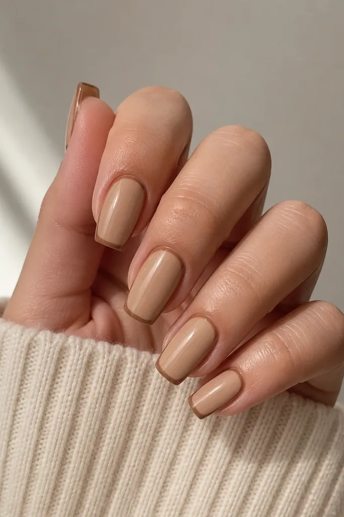 Short coffin nails in a warm beige latte shade with a thin caramel outline tracing the nail shape; glossy finish.