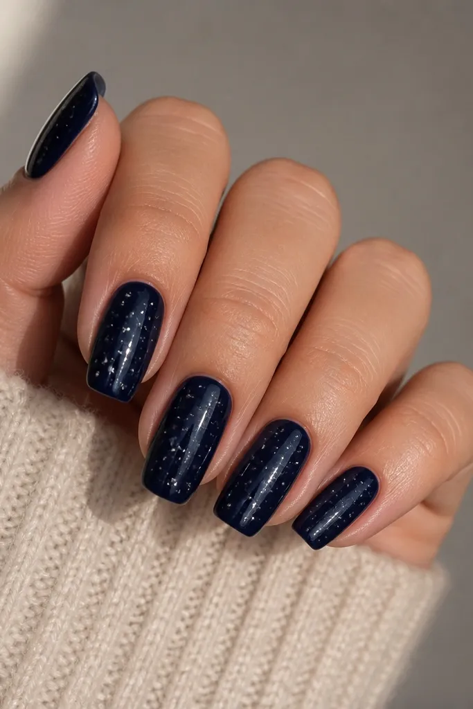 Short coffin nails in glossy midnight navy with tiny scattered silver dots and micro star-like specks across the free edge; glossy finish.