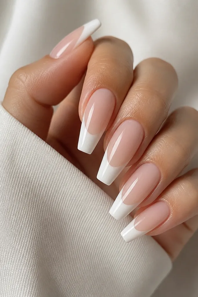 A set of coffin acrylic nails with a sheer nude base and an opaque white free-edge cap. The white is solid and smooth, with a glossy finish and no extra art.