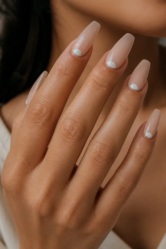 Coffin nails with a nude base. A clean white half-moon sits near the cuticle, leaving the rest of the nail mostly clear and nude. Glossy finish.