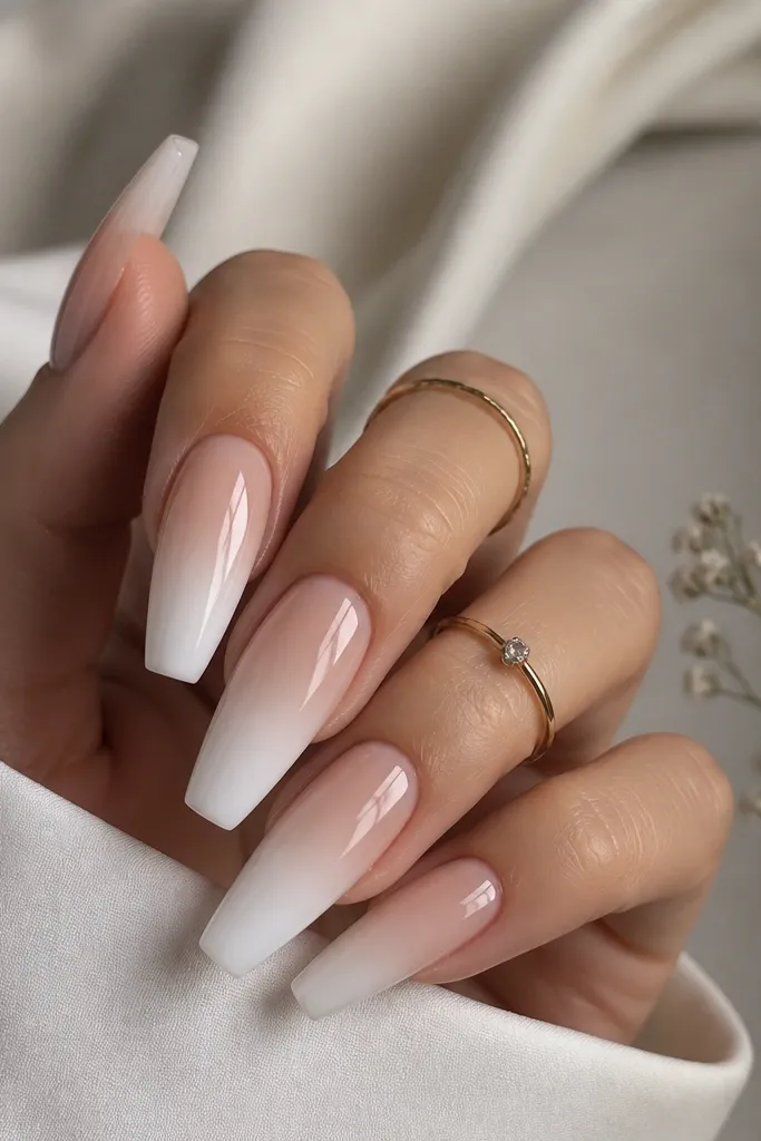 Coffin nails with nude base that fades into opaque white toward the tip. The transition is smooth with a glossy, reflective finish.