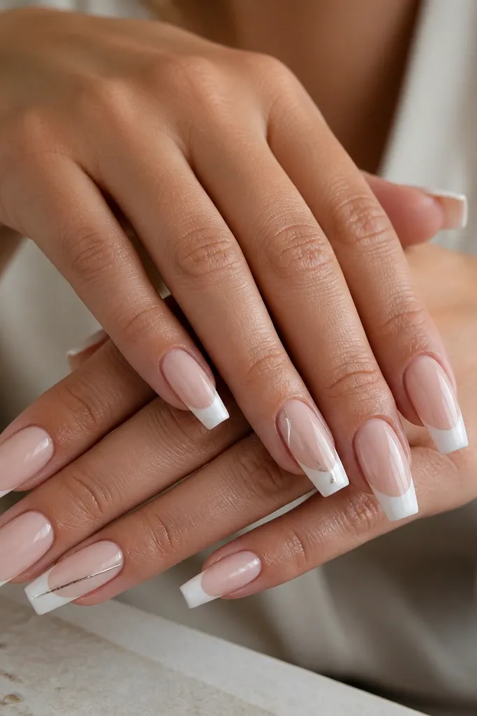 Coffin nails in nude with a white tip cap. One nail on each hand has a thin diagonal chrome stripe running through the white area; glossy finish.