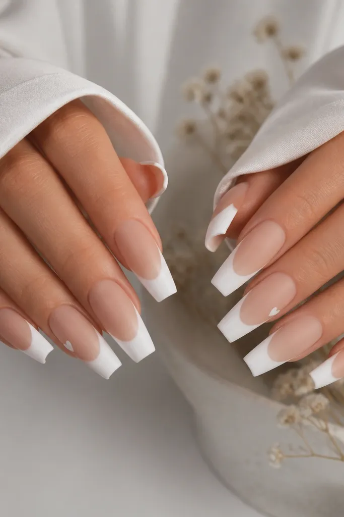 Coffin nails with nude base and opaque matte white tips. A tiny glossy white heart sits near the side of one nail on each hand.