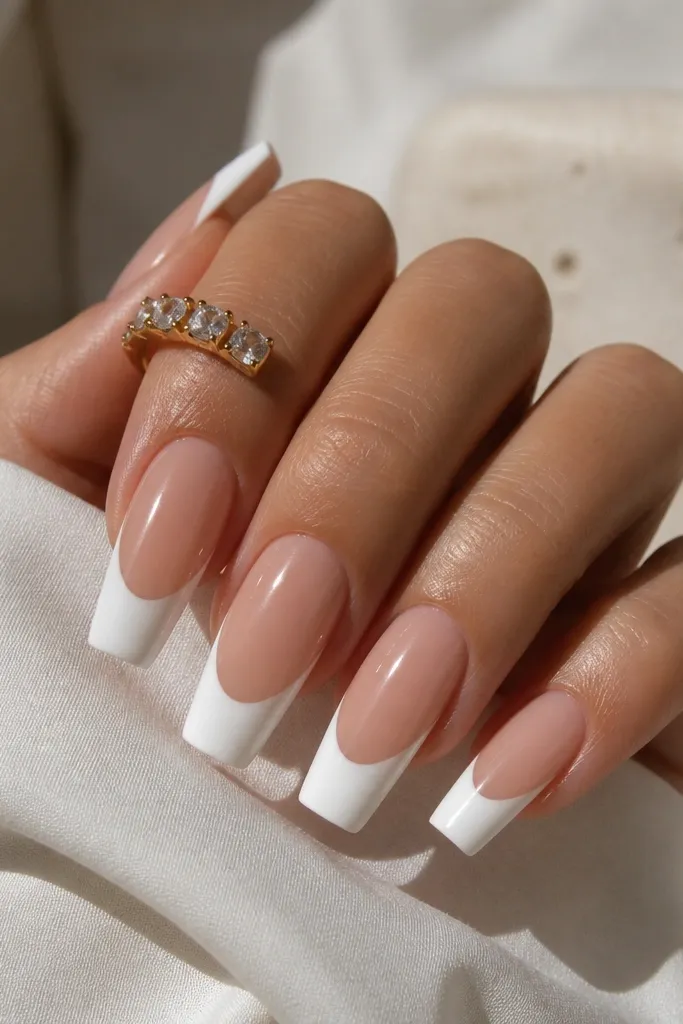 Classic French coffin nails with nude base and a wide, opaque white smile line. Clean straight smile, glossy topcoat.