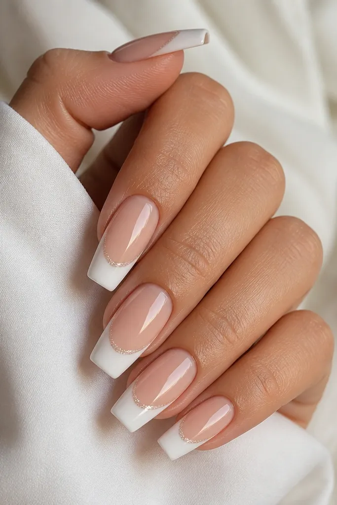 Coffin nails with nude base and white tips. A fine white glitter dust sits right at the very edge of the white tip like a halo.