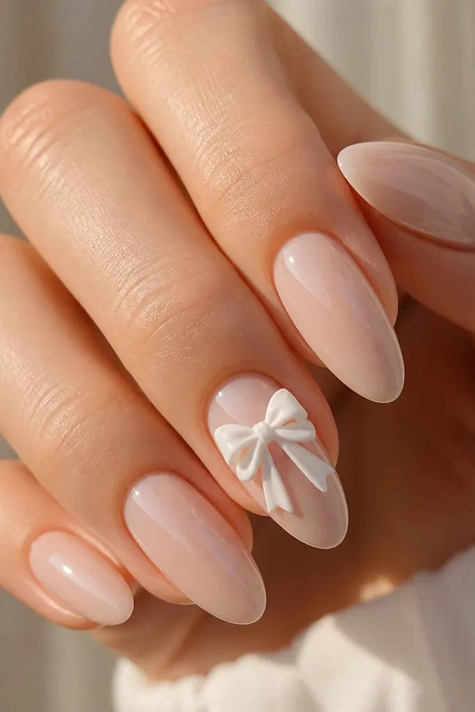 Most nails are nude with white tips, but one or two nails have a small 3D white bow made of sculpted acrylic near the cuticle. Glossy topcoat on bow and nails.