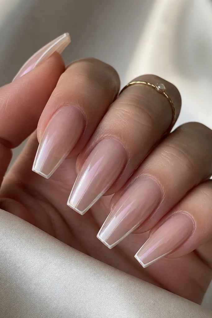Coffin nails with sheer nude base and a very thin white micro-French line. A pearly opal sheen sits over the nude area; glossy finish.