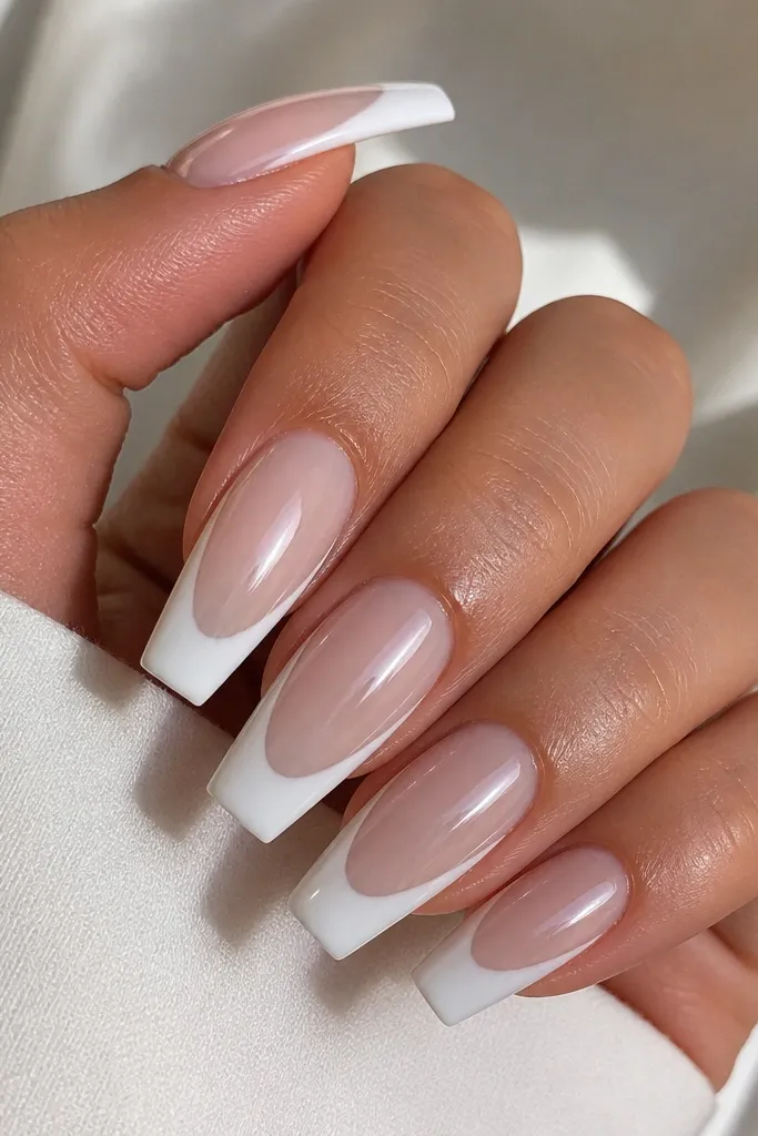 Coffin nails with a clear or very sheer base. The tips are dipped in opaque white acrylic, leaving a clear center area that shows a natural shine. Glossy finish.
