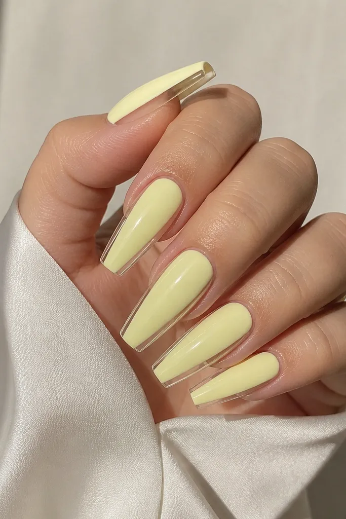 Coffin nails in pale lemon-yellow with a clear jelly strip running along both sidewalls. The center is opaque, while the sides look see-through and glossy.