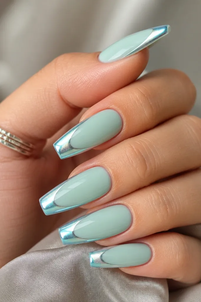 Coffin nails with a pale sea-glass base in minty green. The tips are covered with turquoise chrome powder that flashes silver-blue. Each nail has a smooth, curved chrome edge.