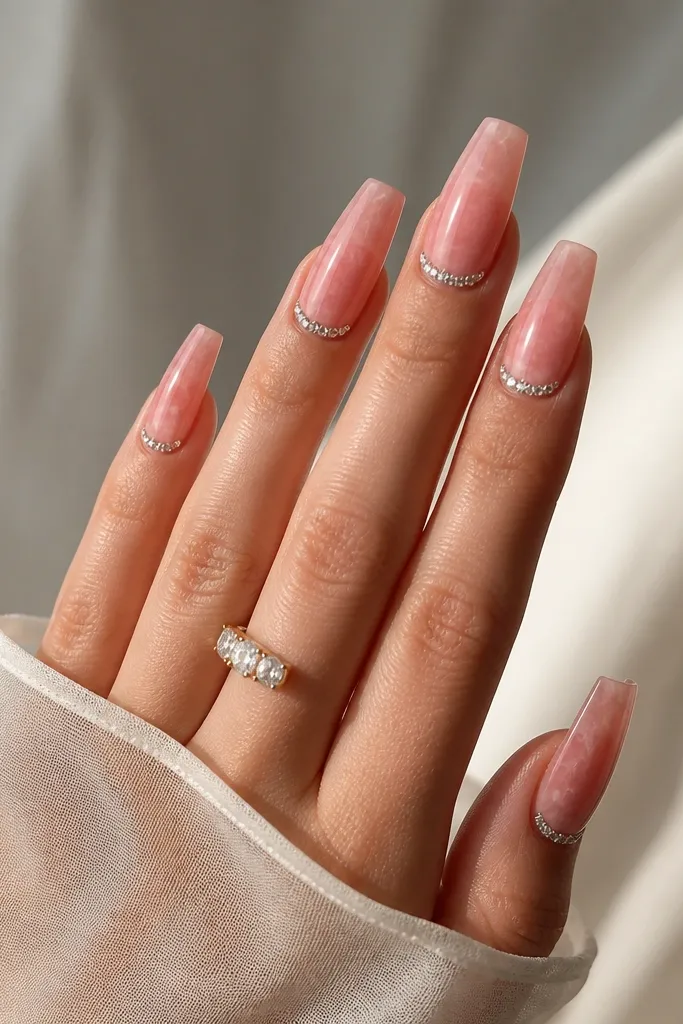 Coffin nails in translucent rose-pink with subtle cloudy veins. At the cuticle on each nail there's a tiny halo of micro rhinestones forming a half-moon.