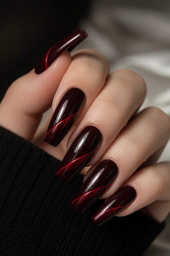 Deep black cherry coffin nails with a smooth glossy finish. Two thin red jelly lines run diagonally from mid-nail toward the tip, catching light like candy glass.