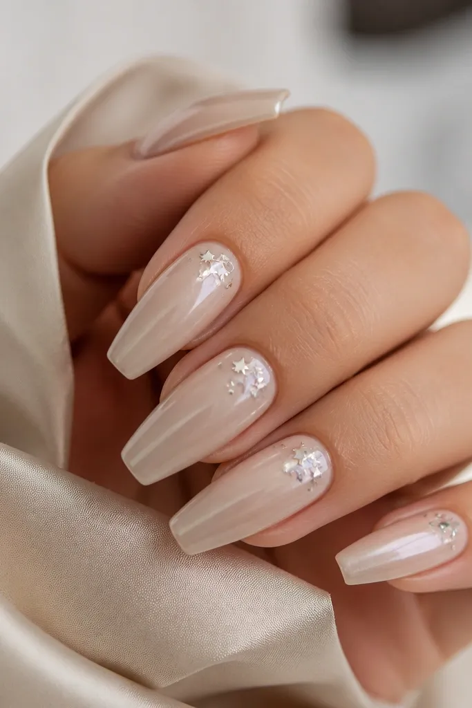 Iced champagne nude coffin nails with a pearly sheen. Tiny silver star confetti is scattered lightly near the cuticle and upper sides on a few nails, not all.