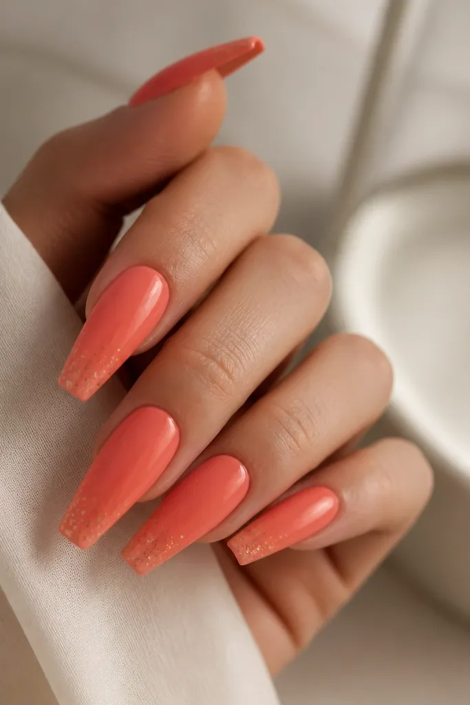 Coral coffin nails with a satin-gloss look (not fully mirror). Very small gold foil specks are scattered across the nail, concentrated near the tip.