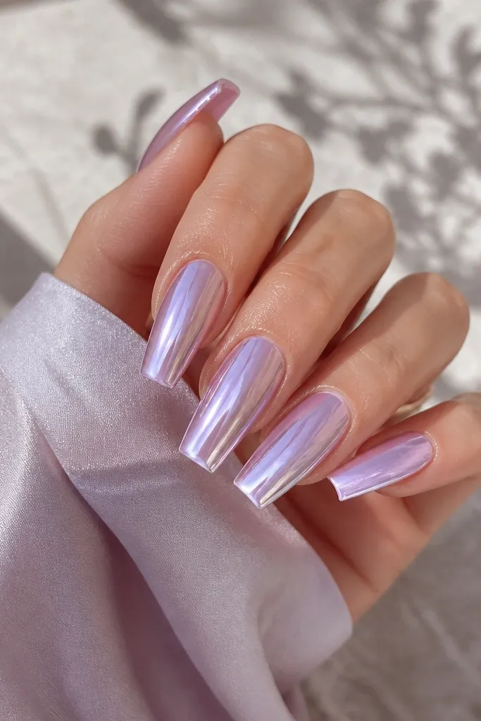 Lilac chrome coffin nails with a mirror flash. A micro French outline in pale lavender runs along the very edge of the tips like a thin frame.