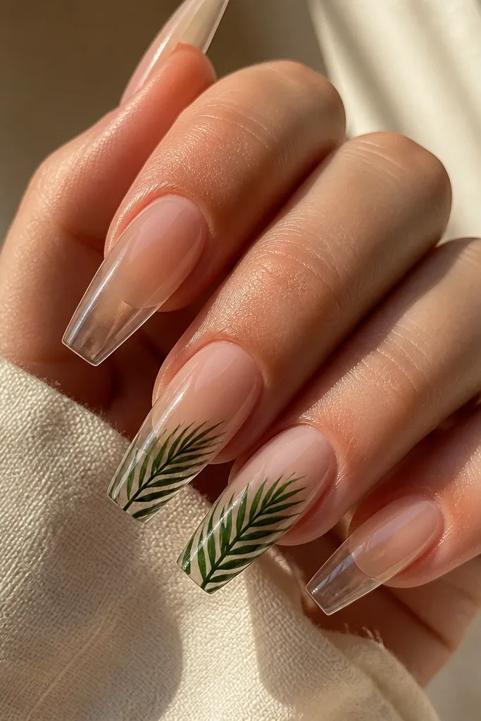 Clear glossy coffin nails with one or two accent nails per hand showing tiny palm leaf line art in dark green. The rest are mostly clear with faint pink tint.