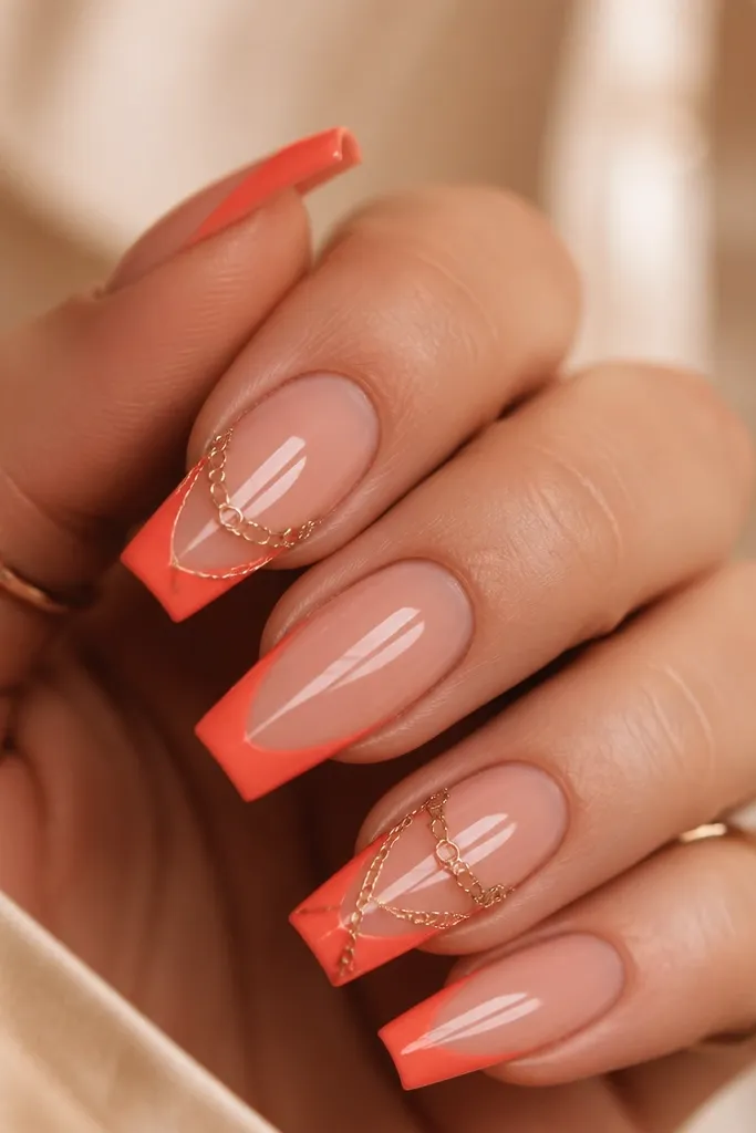 Coral coffin nails with a glossy finish. At the tips there are small gold chain link decals or hand-painted chain shapes arranged in a line across the edge.