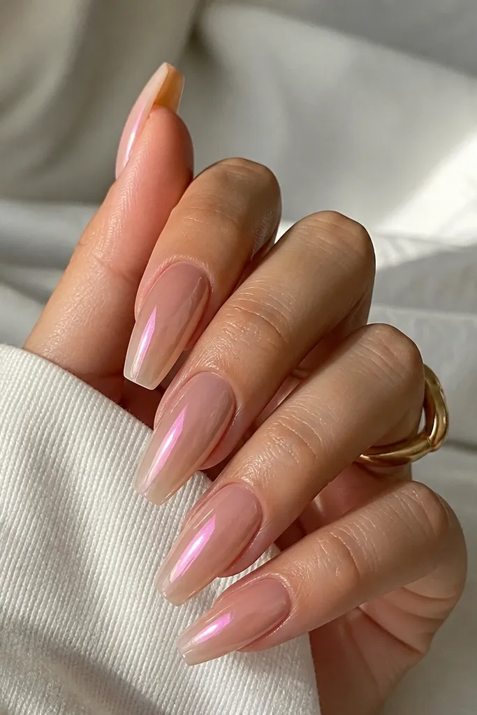 Neutral nude coffin nails with a soft pink chrome aura starting around the center and fading outward. The aura looks like a glowing halo rather than a solid ombre.