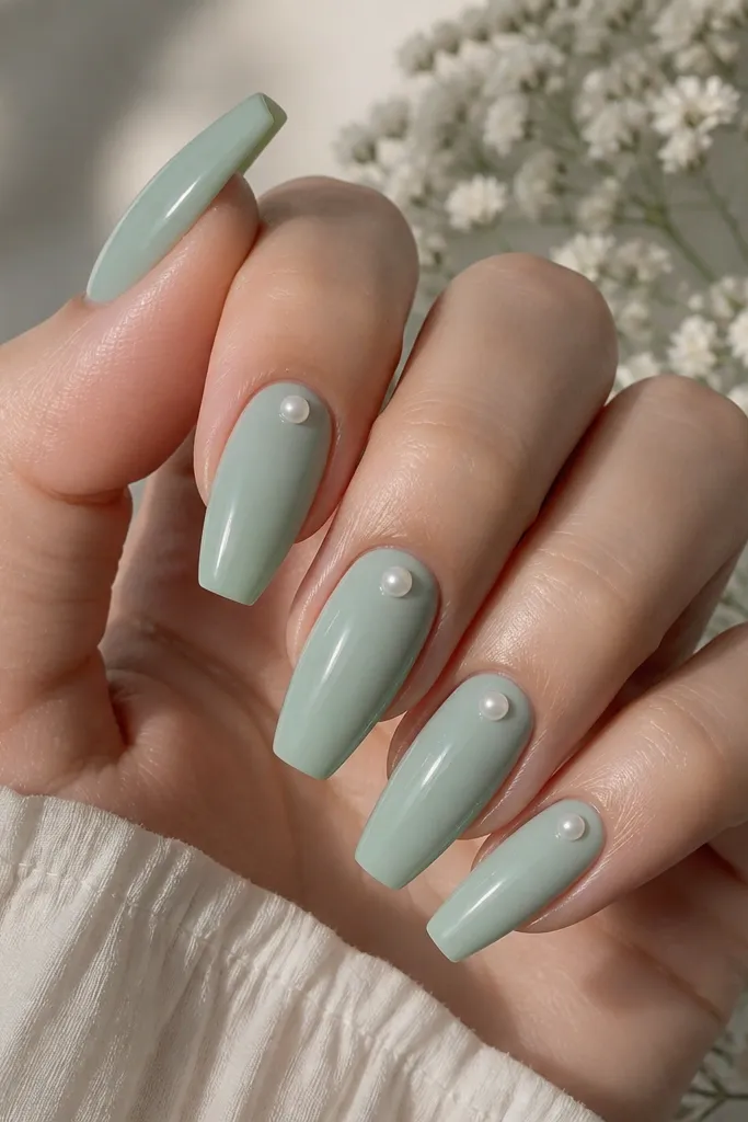 Seafoam green coffin nails with a glossy finish. Each nail has a single small pearl drop near the cuticle, centered like a tiny bead.