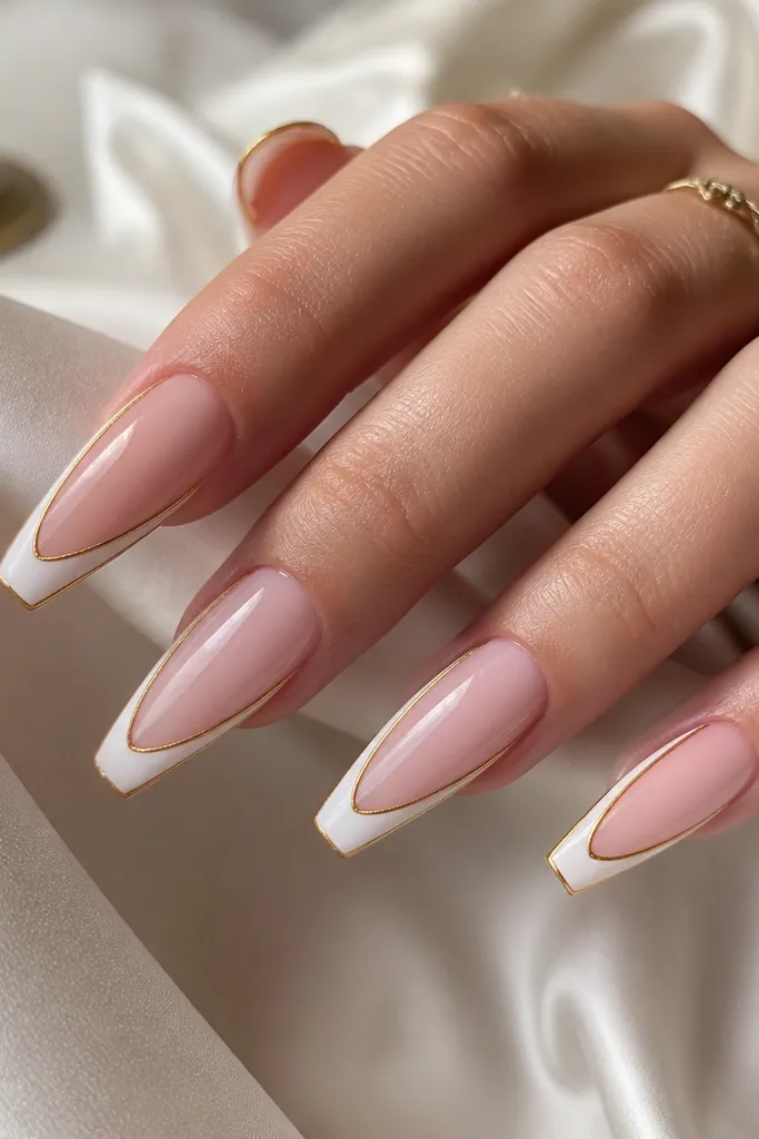 Coffin nails with a sheer pink base and white tips. Around the white tip there's a thin gold rim line tracing the edge like a frame.