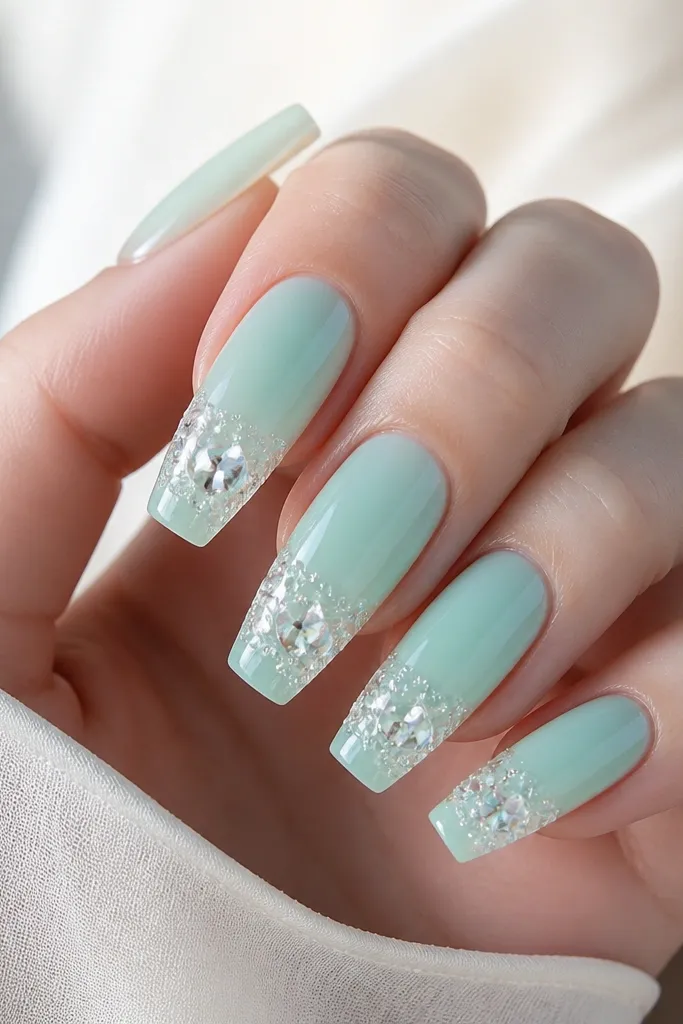Mint sorbet coffin nails with a glossy finish. On the tip there's a small cluster of clear crystals arranged like a tiny bouquet, concentrated at the center.
