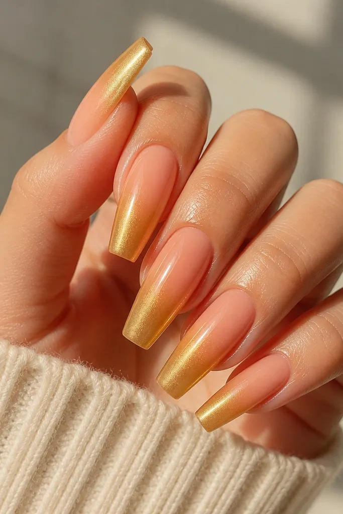 Sunkissed peach coffin nails with a glossy base. A honey gold chrome fades from the tip upward, creating a warm gradient shimmer.