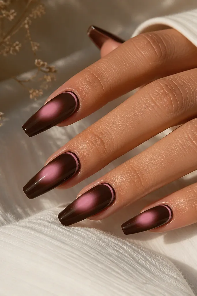 Deep chocolate brown coffin nails with a glossy finish. A pink chrome aura ring sits around mid-nail, and a thin pink chrome line traces near the cuticle edge.