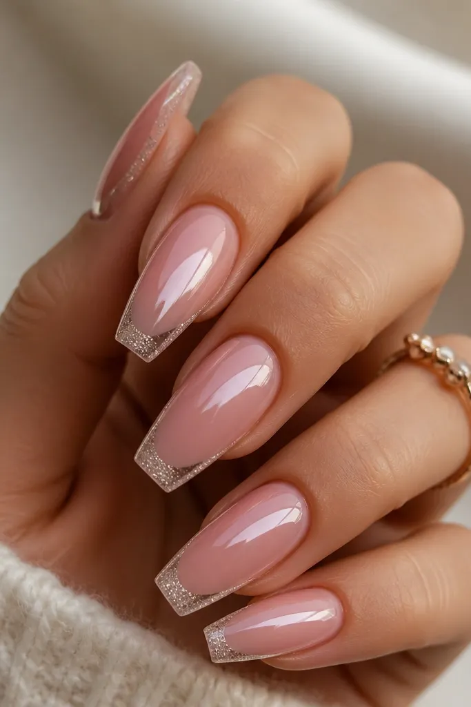 Iced pink coffin nails with a semi-transparent base. The very tip has a fine micro glitter edge in silver-pink, and the rest has a clear jelly shine layer.