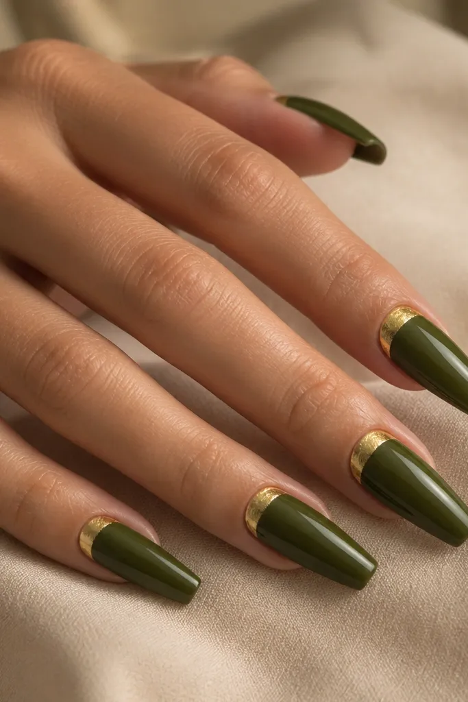 Seaweed green coffin nails with glossy finish. At the cuticle there's a gold foil half-moon that mirrors the nail bed curve.