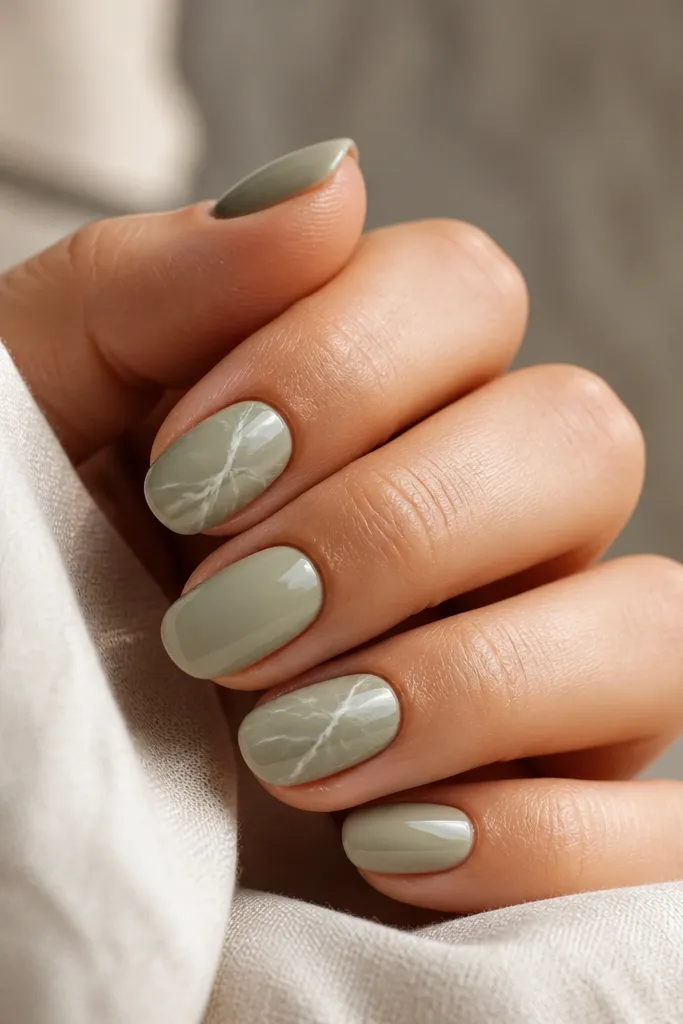 Most nails are a sage nude glossy color. Two accent nails show white veined marble on a sage base, with thin veins radiating from the center.