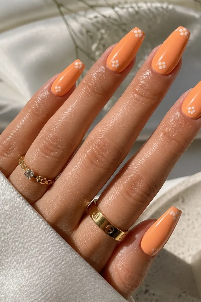 Orange sorbet coffin nails with glossy finish. On each tip there's a small white daisy made of a dot center and five tiny petals, spaced evenly.
