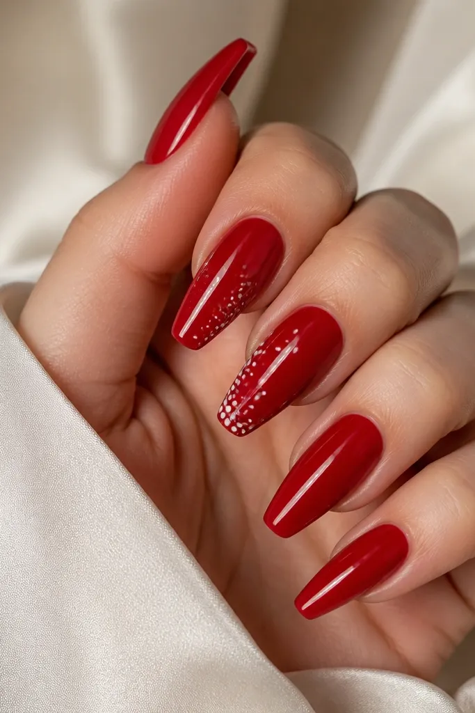 Glossy red coffin nails with tiny white dots clustered near the lower sidewall of two nails; other nails are solid red.