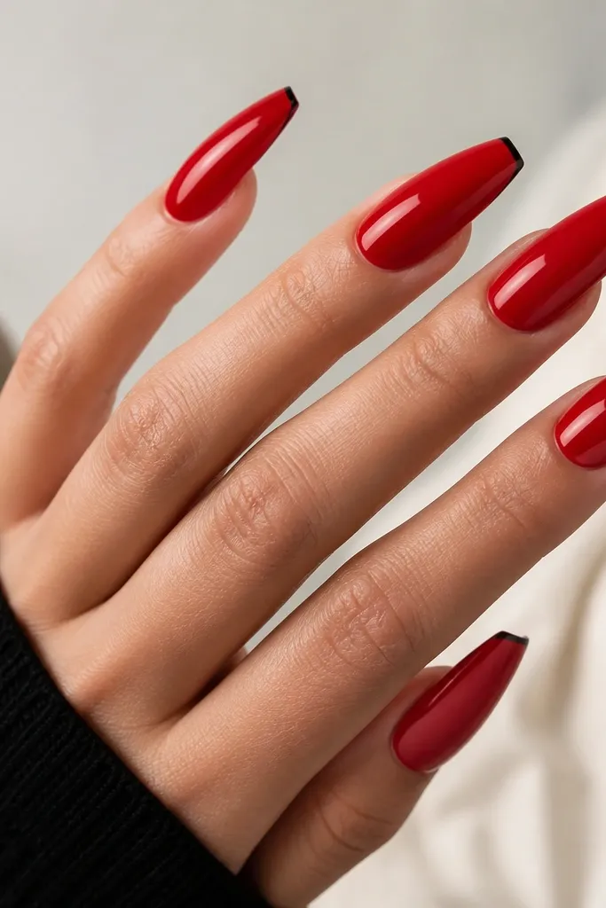Red glossy coffin nails with a super thin black line tracing the very edge of the tip like an outline.