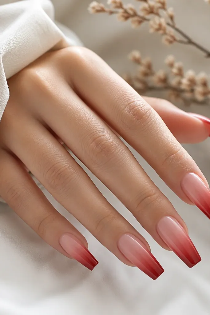 Coffin nails with nude near the cuticle fading into red toward the tip; glossy finish and smooth gradient.
