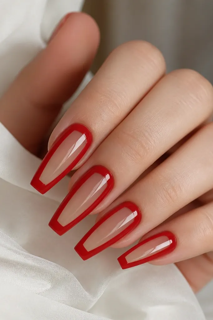 Red coffin nails with a clear rectangular window in the center; the window has a thin red border and glossy finish.