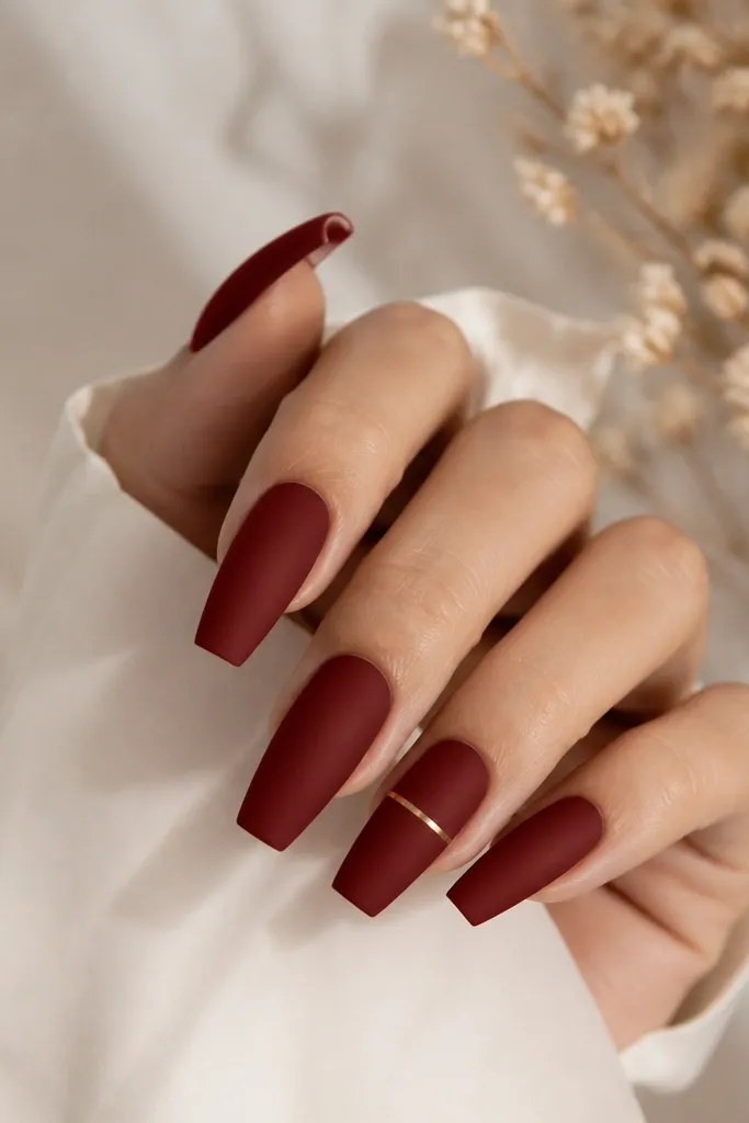 Matte deep red coffin nails with a single thin gold line running horizontally across one accent nail's middle.