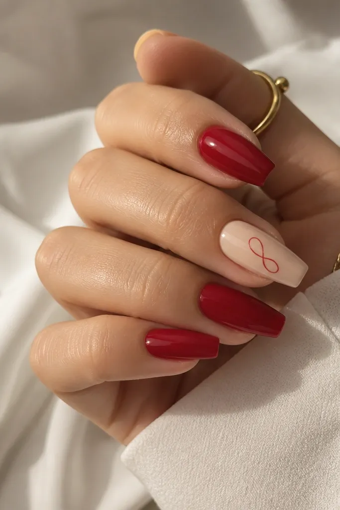 A nude coffin nail with a single thin red line that loops like a minimal sketch; other nails are glossy red.