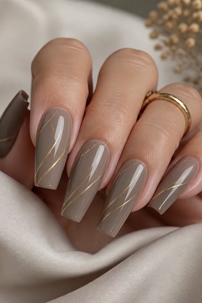 A set of coffin acrylic nails in smoky taupe with thin, hairline gold vein streaks running diagonally from mid-nail to the tip. The topcoat is glossy and the gold looks like fine metallic paint, not chunky foil.