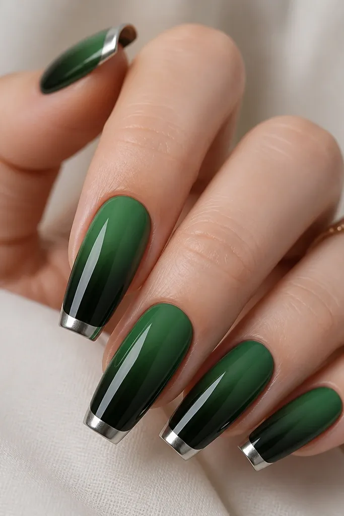 Coffin nails with a deep forest green fade that gets darker toward the tip. The very tip has a mirror silver chrome band about 2-3mm wide, with a glossy finish over the whole nail.