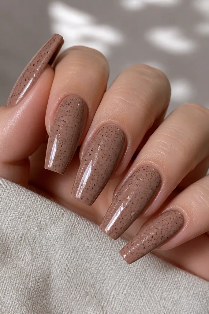 Coffin nails painted a creamy cocoa nude. Over it, tiny glossy espresso-brown speckles are scattered like pressed cocoa powder, with a wet-looking topcoat.
