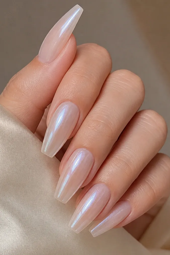 Coffin nails with a translucent icy pearl base. The nails look like a clear jelly overlay with pearl shimmer, and the cuticle area is clean and smooth, no heavy lines.