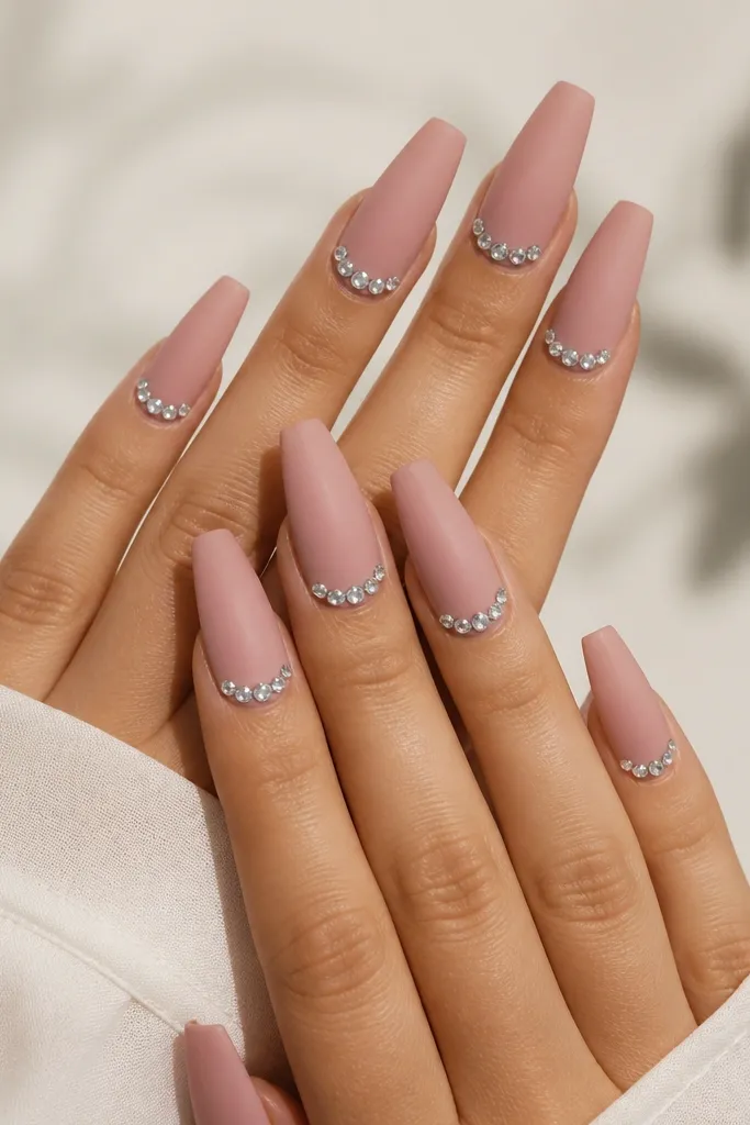 Coffin nails in velvet blush. The base has a soft matte/velvet texture. On each nail, there's a small crescent of clear rhinestones placed just below the mid-nail line.